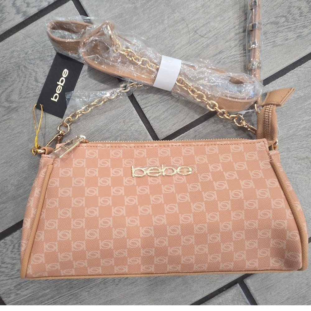 Bebe Adela Monogram Baguette Crossbody Bag Camel Tan Gold Hardware NWT